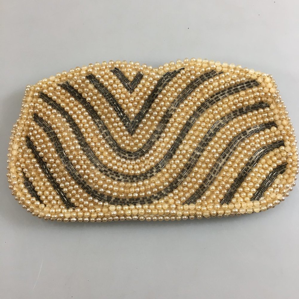 John Wind Ivory Gray Chevron Beaded Evening Bag